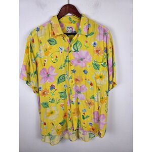 JAMS WORLD Vintage Men's Yellow Floral Print Hawaiian Button Up Shirt Size Large